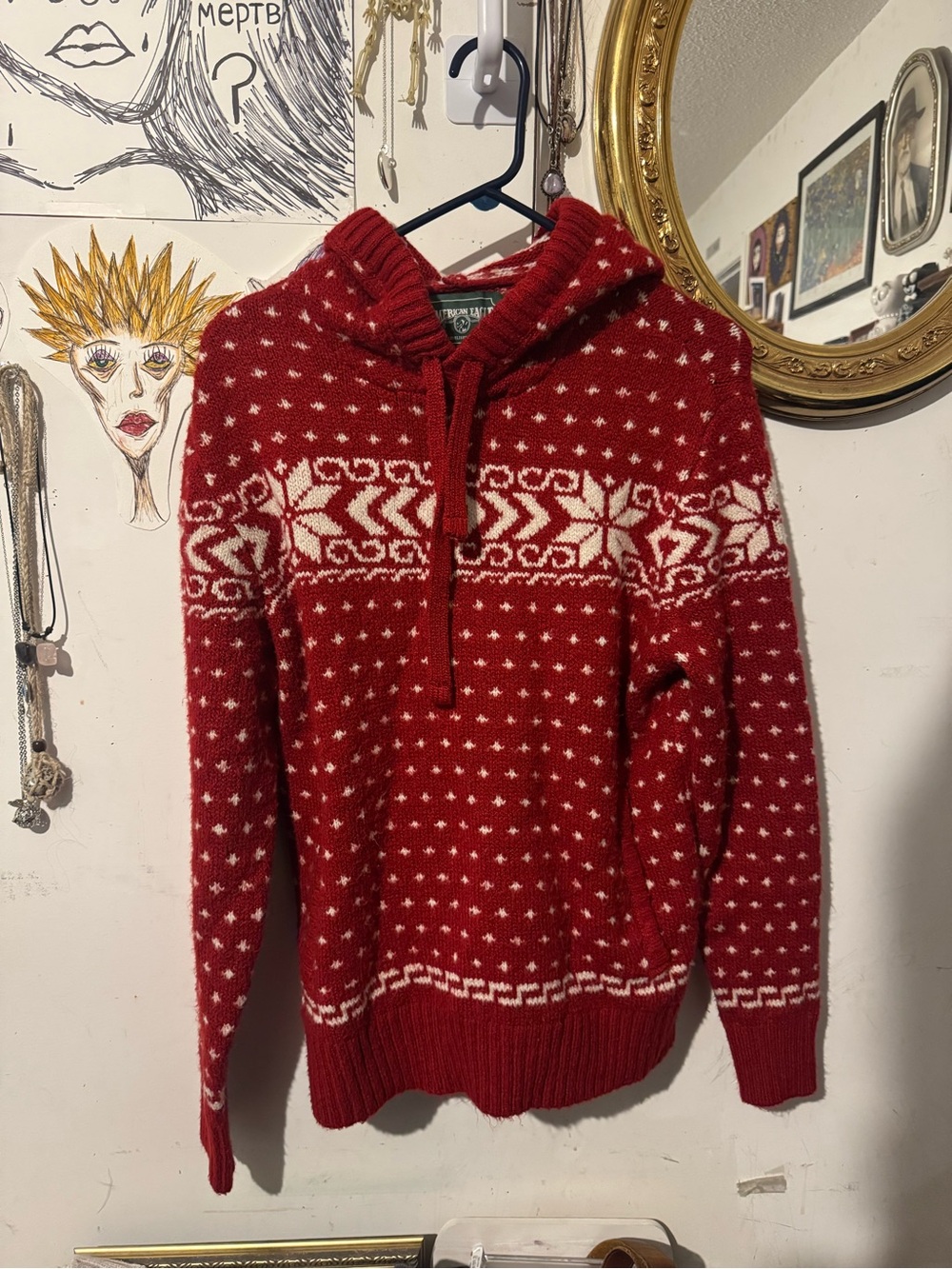 American Eagle Outfitters Red & White Hooded Zip Sweater